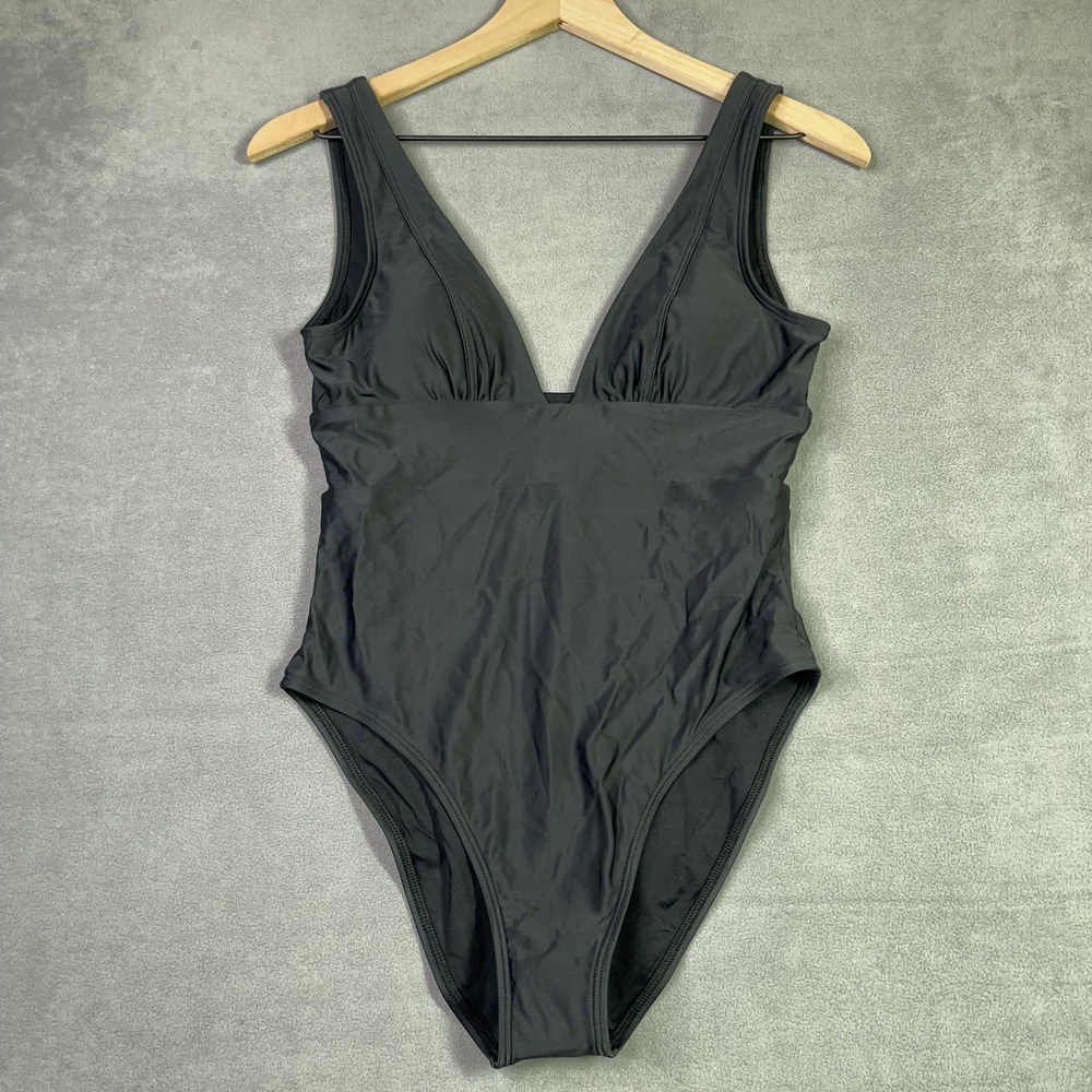 Quince Italian Plunge One Piece Swimsuit Black V-Neck Bathing Suit NWOT Size S